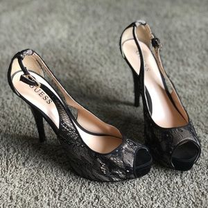 GUESS black lace peep toe heels 8.5